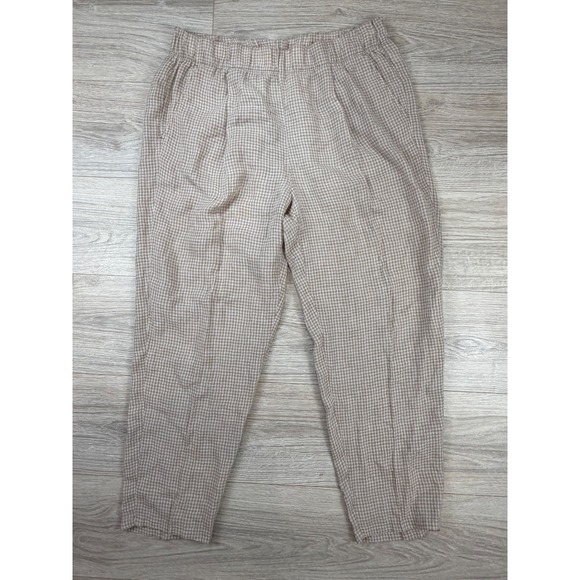 Eileen Fisher Pants - Eileen Fisher Petite Organic Linen Gingham Check Tapered Pants Tan White PL